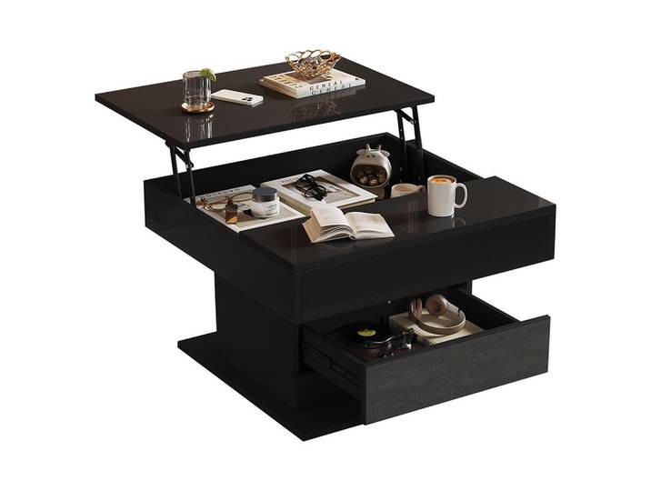 Komhtom Couchtisch in 70x70x45cm, Obere Tischplatte 360° frei drehbar, Schwarz, Mode, 70x45x70 cm, Wohnzimmer, Wohnzimmertische, Couchtische