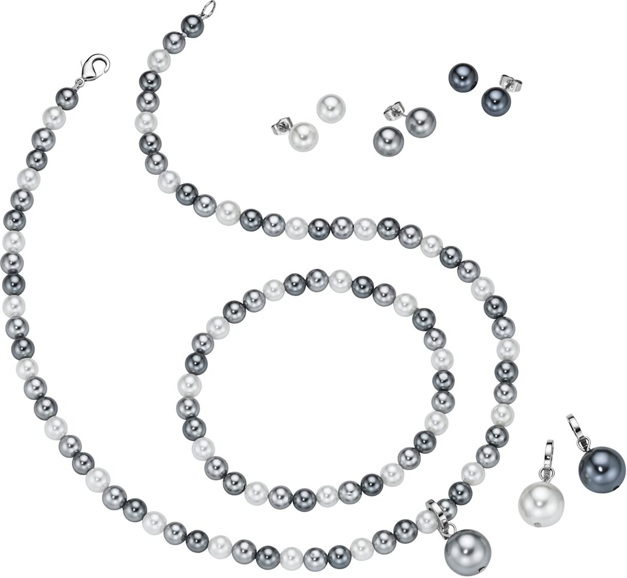 Perlenketten-Set LADY, silber (silberfarben), Halsketten, Damen, 47, Metall, L: 47, Perlenketten-Set