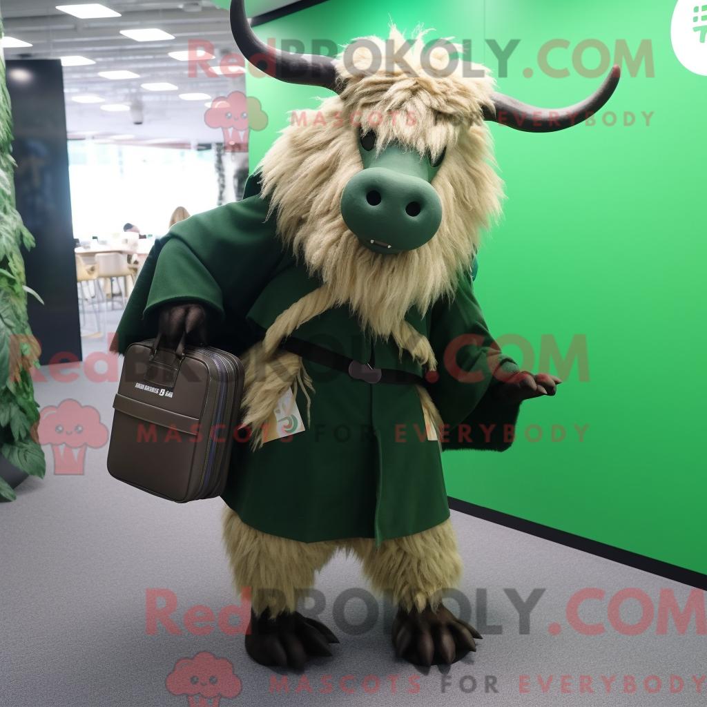 Maskottchenfigur REDBROKOLY eines waldgrünen Yaks mit Faltenrock und Aktentasche
