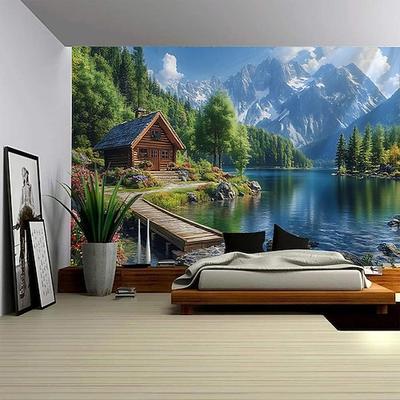 Natur Wandteppich Kunst Dekor Decke Vorhang Picknick Tischdecke hängend Haus Schlafzimmer Wohnzimmer Wohnheim Dekoration Wald Landschaft Sonnenschein durch Fluss