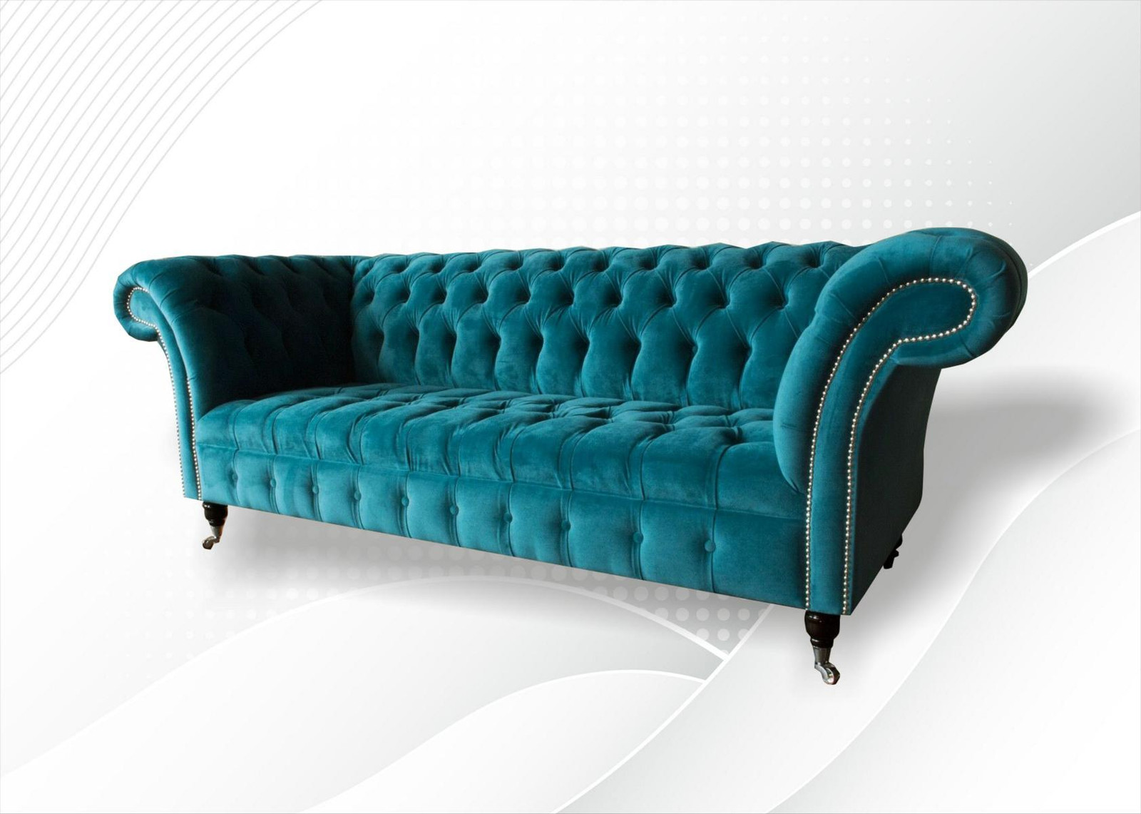 Chesterfield driezitsbank in turquoise textiel voor de woonkamer
