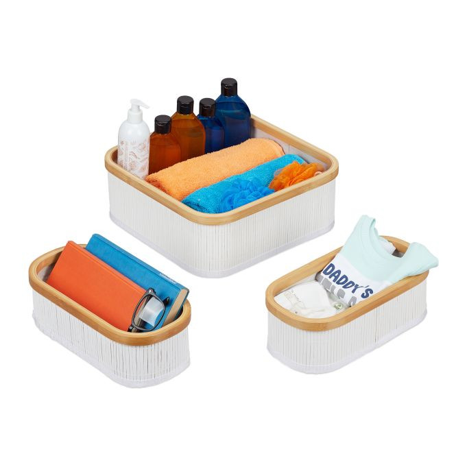 Relaxdays Opbergmand set van 3, wit en grijs, bamboe en textiel, stapelbaar