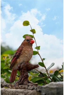 Hi-Line Gift Female Cardinal Resting on Stump Garden Statue