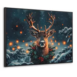LEINWAND Bilder mit Rahmen - Hirsch - Weihnachten - Winter - Schnee - Weihnachtskranz - 100x70