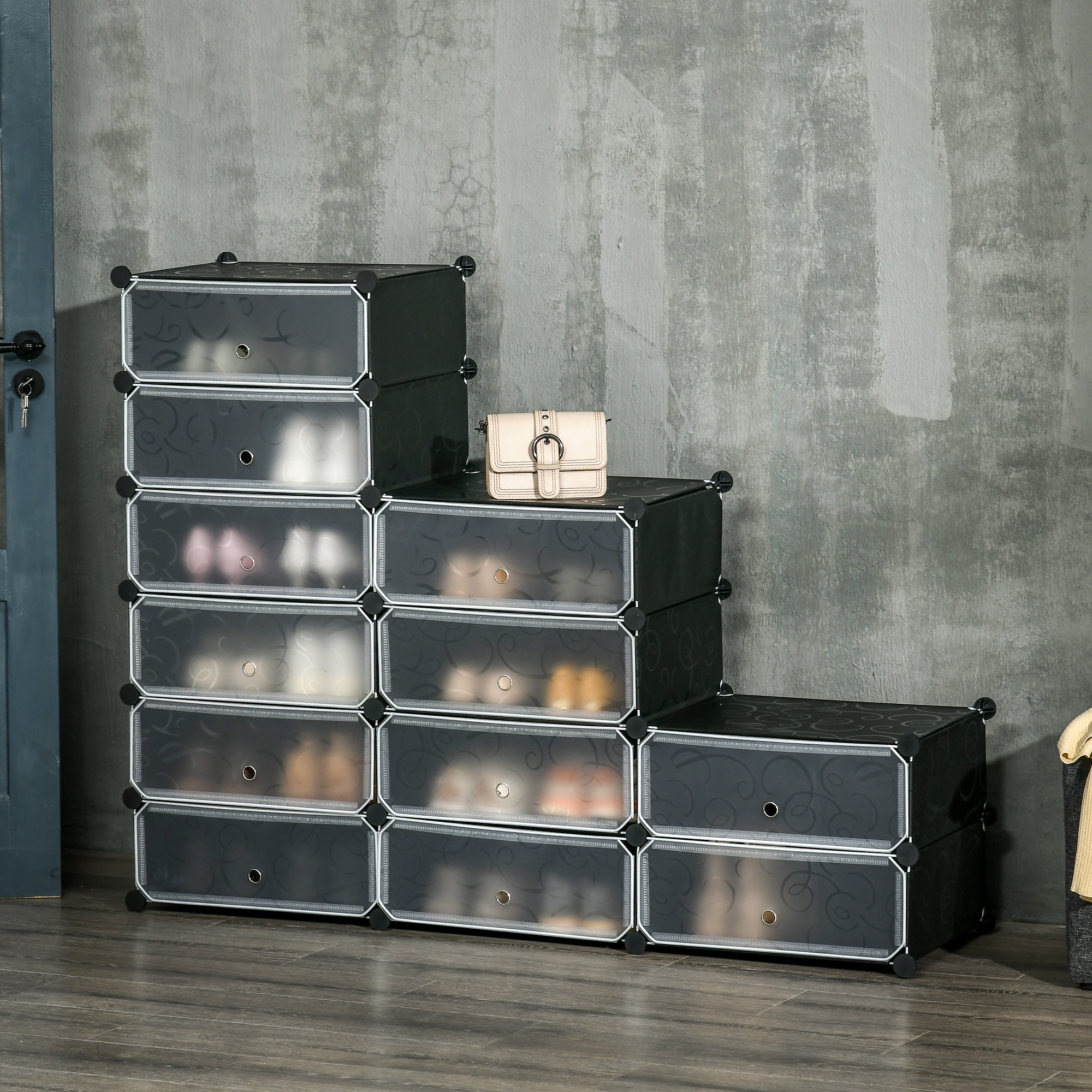 Homcom Mobile Scarpiera Modulare Salvaspazio, 12 Cubi 45x35x16cm in Plastica PP e Acciaio, 94x37x108cm, Nero e Bianco Aosom