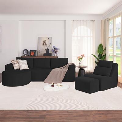 Pingliang "104.92"" L-Shaped Corduroy Compression Sectional Sofa Set with Compression Lounge Chair & Ottoman"