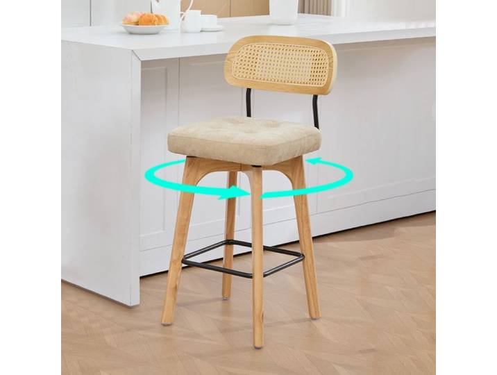 Tabouret de bar pivotant à 360° Tabouret de cuisine et de petit-déjeuner avec dossier en rotin avec assise rembourrée