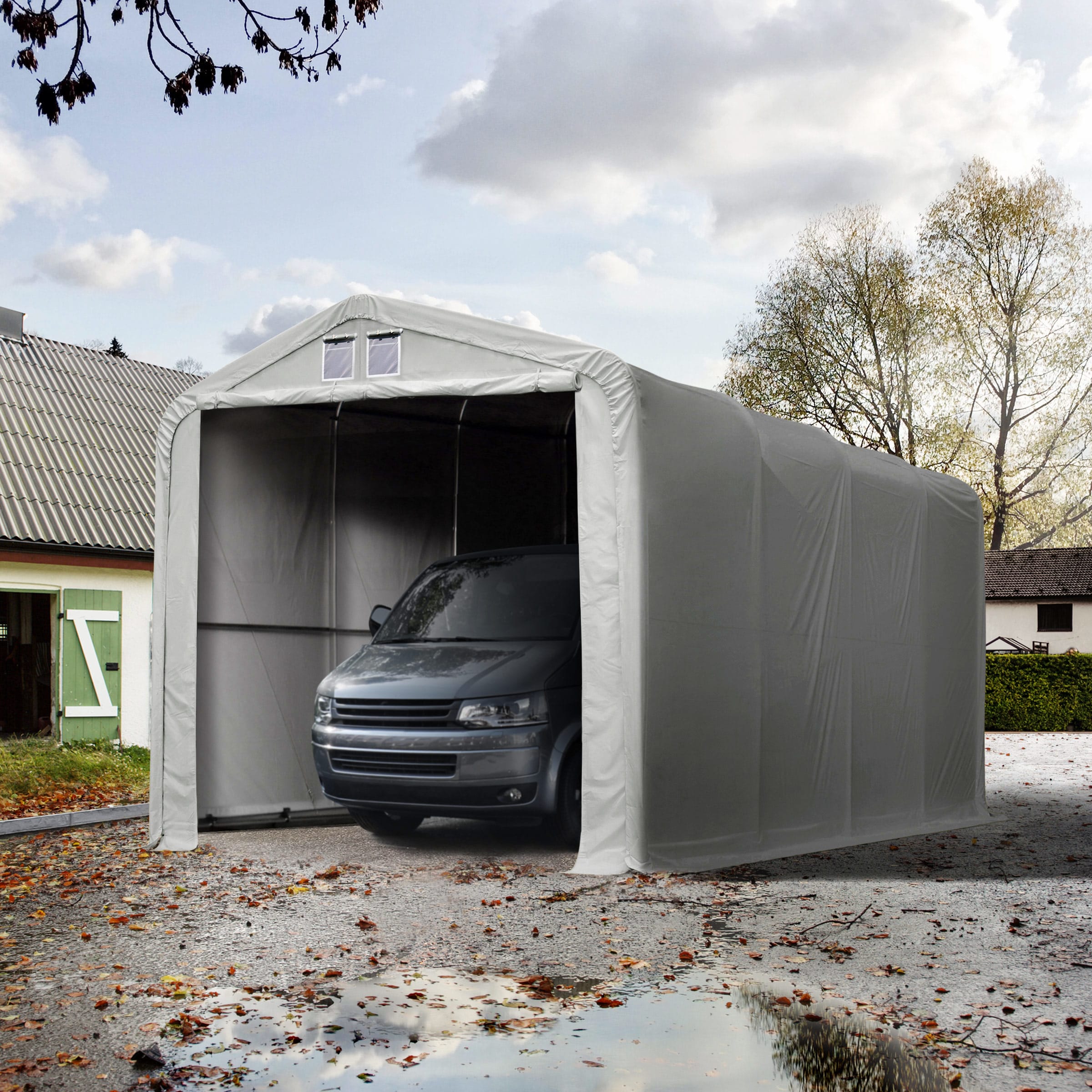 TOOLPORT 4x8m 3.35m Sides Carport Tent / Portable Garage, 3.5x3.5m Drive Through, PVC 850, grey without statics package - (99475)