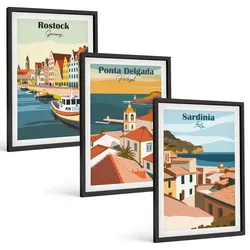 BILDER SET 3er Set - 40x60 cm Schwarzer Rahmen - Ansichten europäischer Küstenstädte