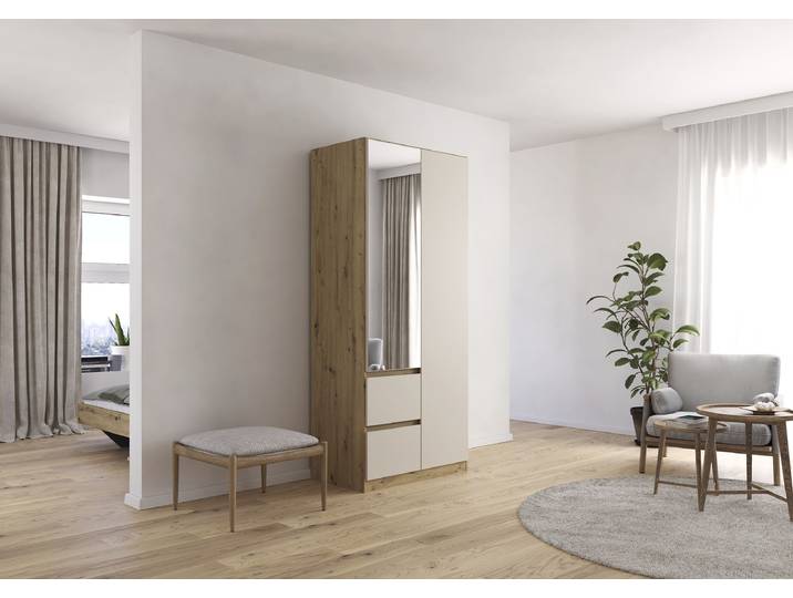 Armoire à portes battantes Mainz 91cm Bois/Beige/Cachemire/Imitation chêne Artisan Basic 1 miroir