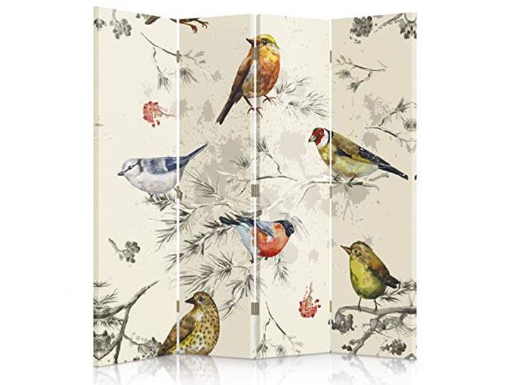 Feeby Paravent Vögel 145x180 cm 4 Teilig Modern Design einseitig Raumteiler Wandschirme Foto Trennwand Raumtrenner Sichtschutz Spanische Wand auf Leinwand Bedruckt Weiß Mehrfarben