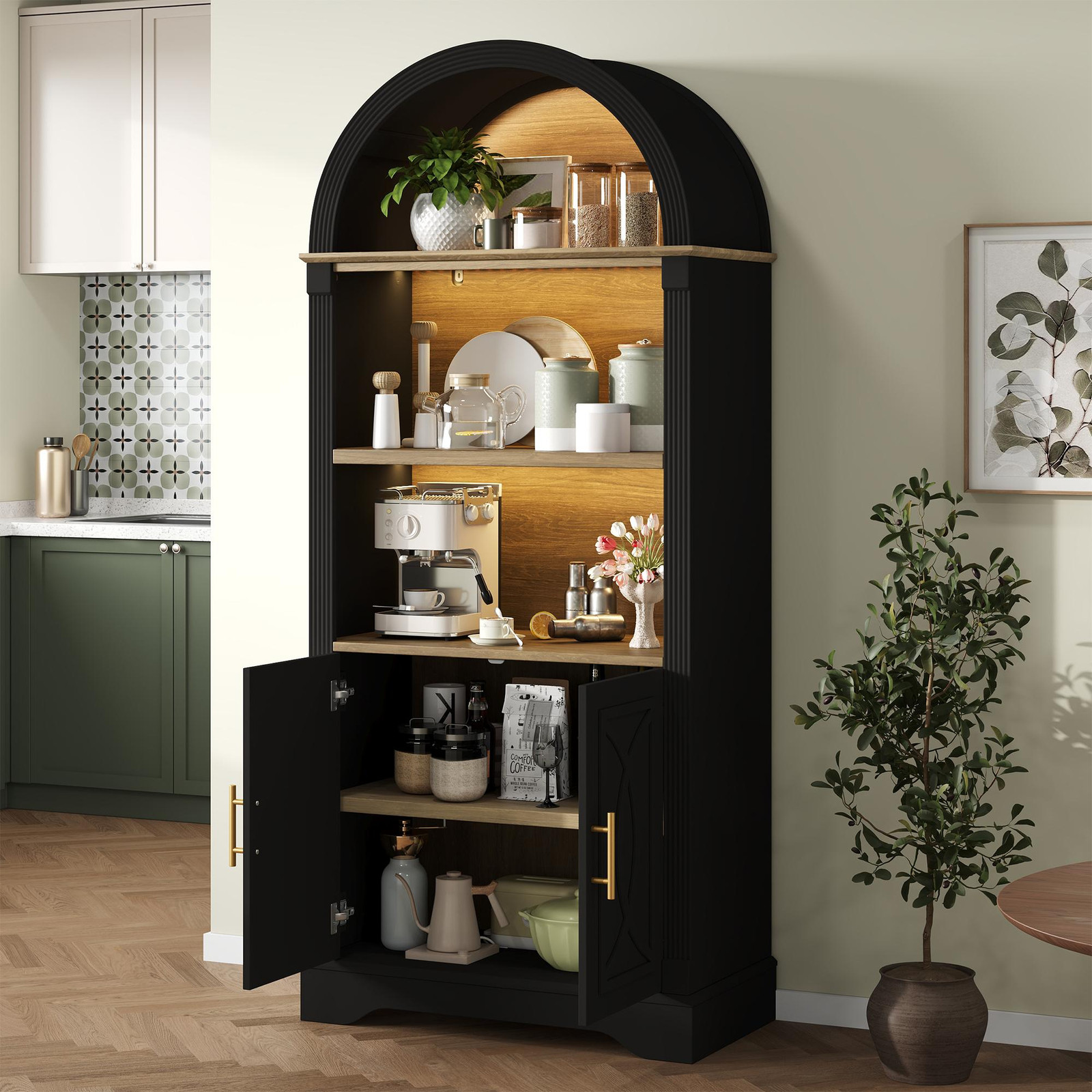 Okwish multifunctionele hoge kast met LED-verlichting en open vakken, zwart, Hoogte: 180 cm