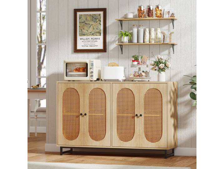 GIANTEX Buffet de Cuisine Style Bohème- 4 Portes en Rotin- Étagères Réglable- Pieds en Métal- 126x40x81cm- Salle à Manger Salon