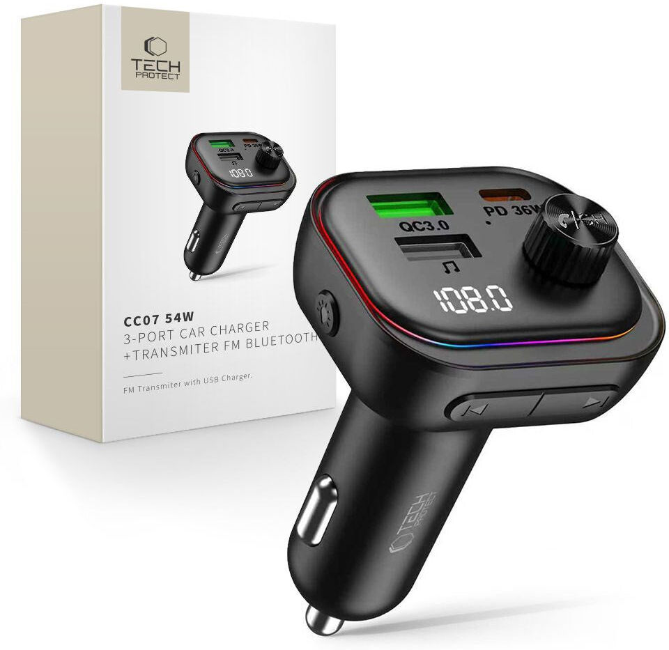 Tech-Protect Biloplader / FM Bluetooth Transmitter - USB-A & USB-C - Sort