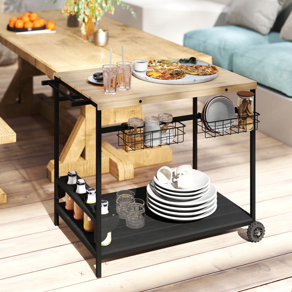 Outsunny Desserte de jardin chariot pour plancha bois métal 2 plateaux paniers Beige 98x81x65cm
