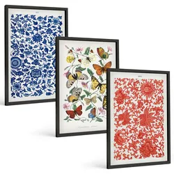 BILDER SET 3er Set - 40x60 cm Schwarzer Rahmen - Vintage-Blumen-Schmetterlings-Ornamente