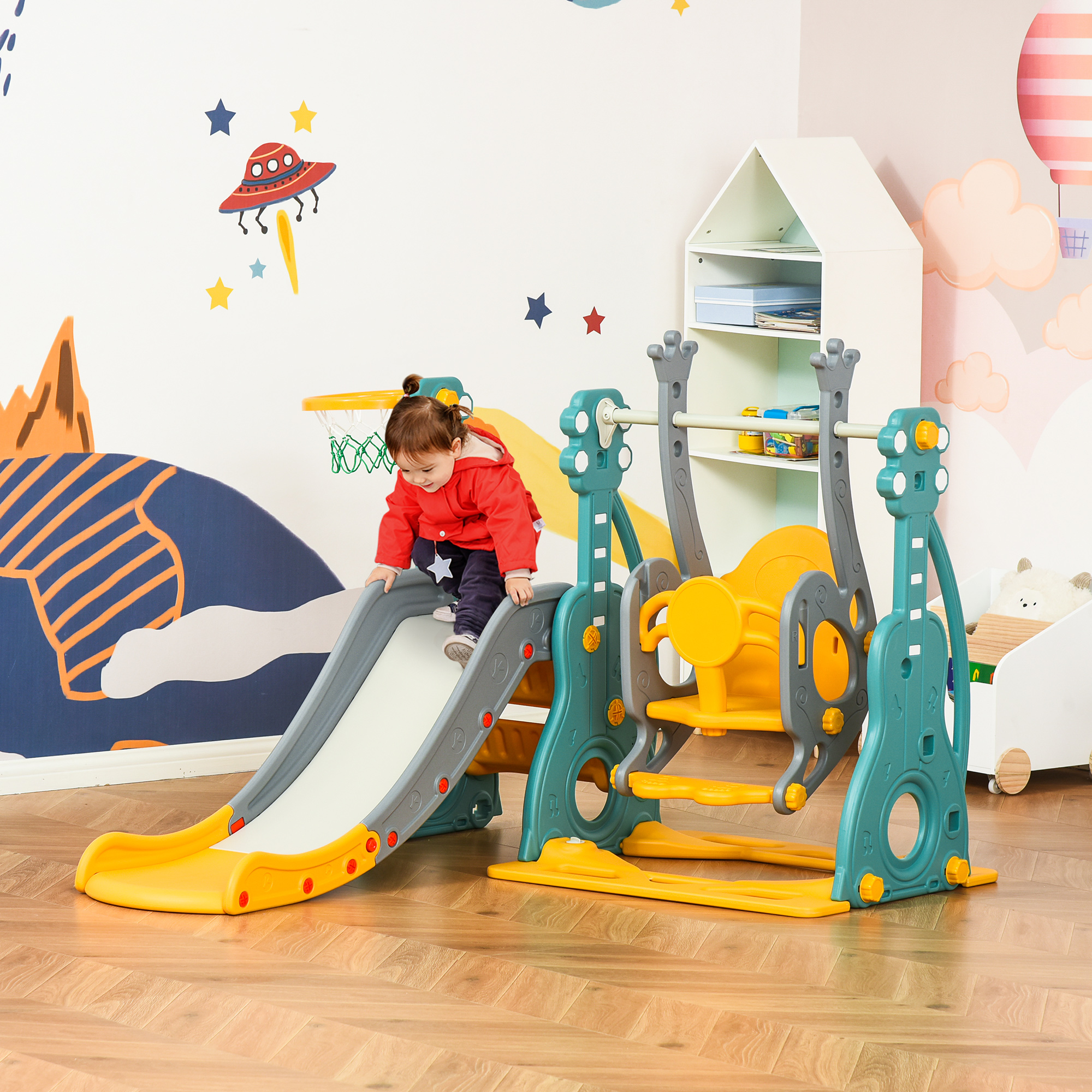 Homcom Scivolo per Bambini 18 Mesi-3 Anni con Altalena Regolabile e Canestro in HDPE Multicolore 152x149x107cm Aosom