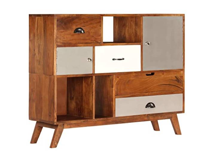 RJPLMFV Anrichte Akazie, 115 x 35 x 86 cm, 4 Schubladen, 2 Schränke Massivholz, dunkles Honig-Finish, Aufbewahrung für Medien, Retro-Stil, einfach zu montieren