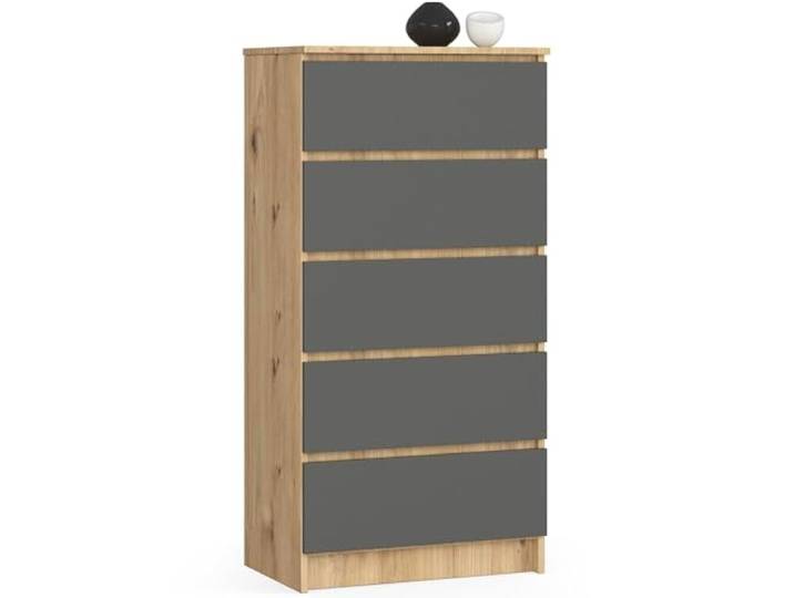 AKORD Kommode K60 mit 5 Schubladen für das Wohnzimmer Schlafzimmer Schrank Büro Arbeitszimmer Modernes Funktionales Design B60 x H121 x T40 cm, Gewicht 39kg Handwerkliche Eiche