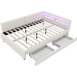 OKWISH Daybett Leinen Beige 140x200 cm mit LED-Lichtleiste, USB+Typ-C, Ablagefächern, 2 Schubladen und Lattenrost