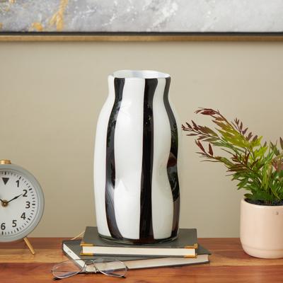 ARCILLA ELEMENTAL White Glass Concaved Round Decorative Vase with Black Stripes