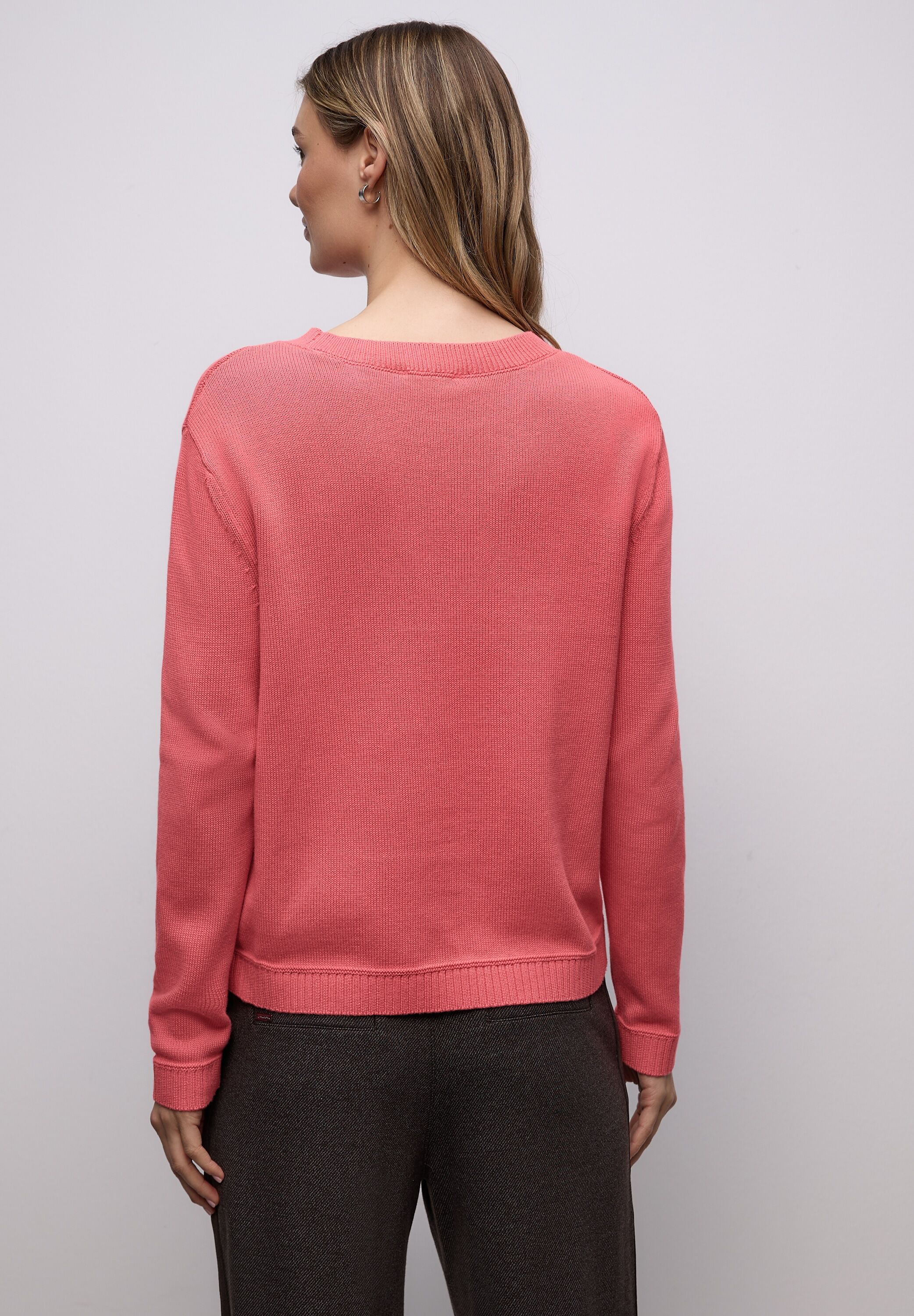 Strickpullover STREET ONE, Damen, Gr. 40, rosa (striking coral), Strick, Obermaterial: 100% Baumwolle, unifarben, normal hüftbedeckend, Rundhals, Flachstrickbündchen, Pullover Strickpullover, mit Rundhals striking coral 40