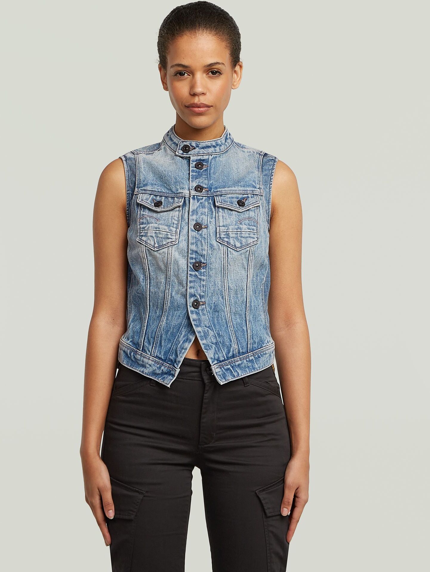 Softshellweste G-STAR "Pitched Hem Slim Weste", Damen, Gr. XS, blau (vintage cirrus blau), Obermaterial: 75% Baumwolle, 25% Baumwolle, Westen