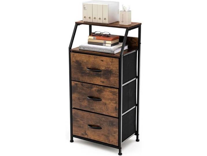 GOPLUS Commode Industriel Console à 3 Tiroirs Structure en Métal avec 2 Étagères Ouvertes pour Bureau/Salon Marron Rustique