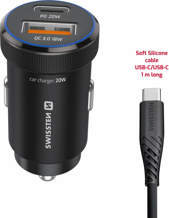 Swissten CL Adapter USB-C PD + USB-A 20 W schwarz + USB-C/USB-C Kabel 1 m