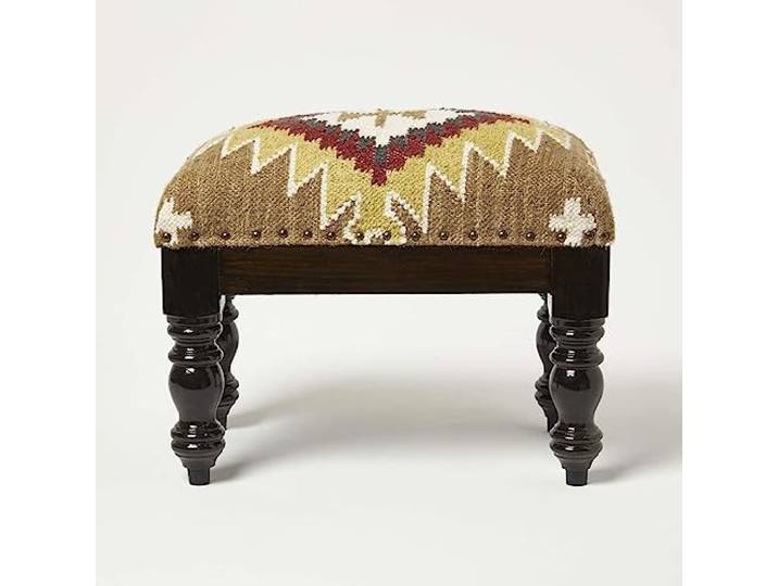 Homescapes Kelim-Hocker Jaipur 30x50 cm, Hocker rechteckig mit handgewebtem Kelim-Bezug, Polsterhocker mit Holzbeinen