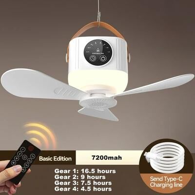 Combo Retail Shop Silent Ceiling Fan Light, LED Light With Fan, Portable Rechargeable LED Lamp, Remote Control For Bedroom, Living Room 7200mah