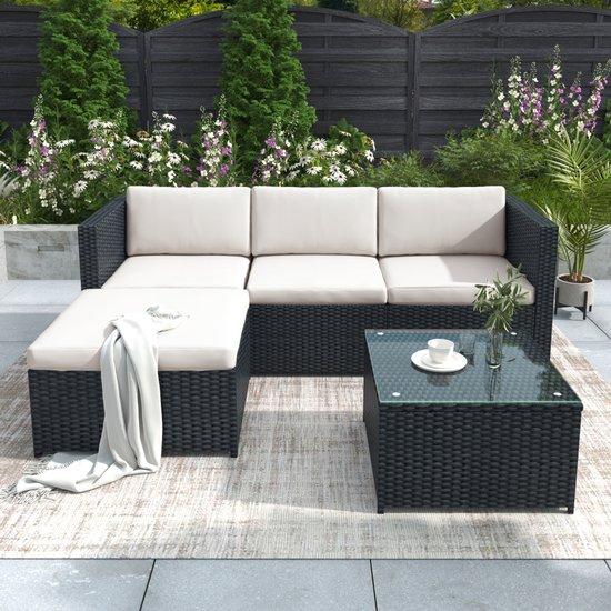 Polyrattan Eckbank mit Sitzkissen und Glasplatte