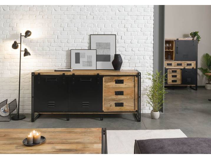 Sideboard Mango 195x45x90 natur klar lackiert / Metall schwarz BLACKBURN #107