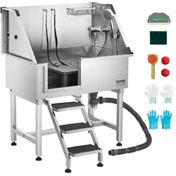 VEVOR Hundewaschstation aus Edelstahl, 961x620x1220 mm, Tierpflegewanne mit Ablagetreppe, Wasserhahn, Duschkopf & Seifenhalter, Hundebadewanne für große, mittelgroße & kleine Haustiere (linke Tür)