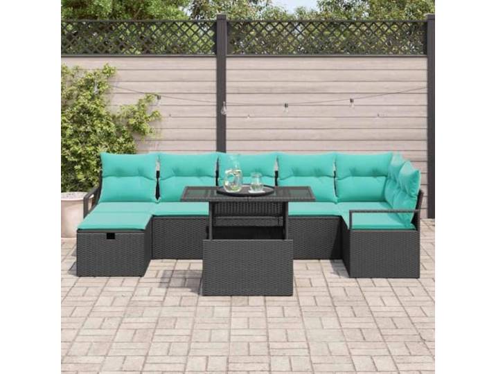 KTHLBRH Gartenmöbel-Set, modular, 8-teilig, schwarz, Polyrattan Eckregal mit Kissen, Glastisch, lackierter Stahl, für Terrasse