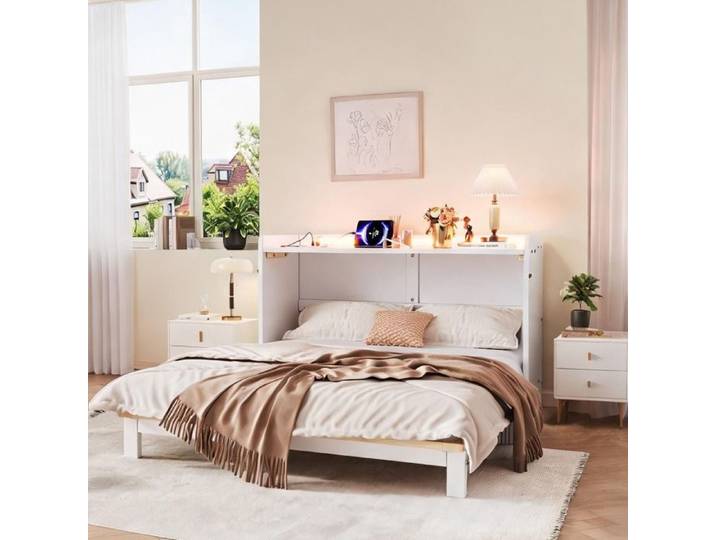 Lit transformable 140x200 cm avec rangement USB LED et finition soft white
