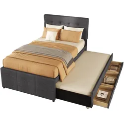 OKWISH Ausziehbares Bett 90x200 mit drei Schubladen – Flexibles Design und eleganter Komfort in Grau, ideal für Gästezimmer