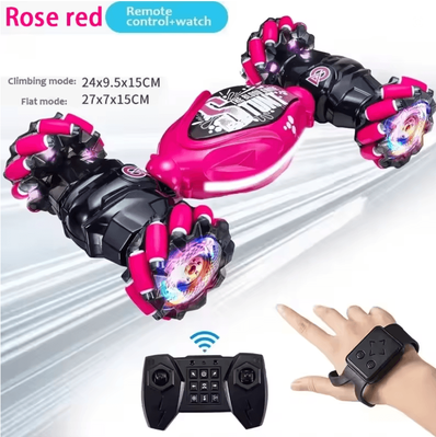Inspire Essentials 4WD Gesture Control Stunt Car Remote Twist & Drift Toy With LED Lights remote Control And Watch red