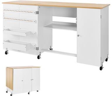 UIMOSO Folding Sewing Table, Multipurpose Sewing Machine Table with Cabinet, Charging Station, Compact Design