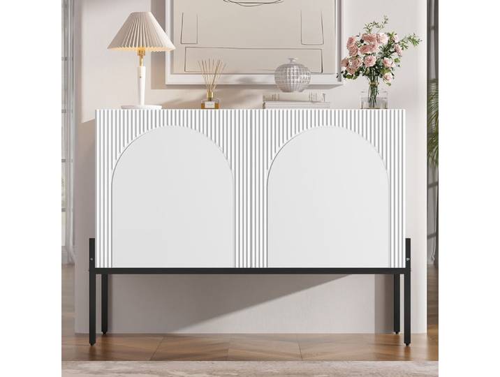 Buffet bas - Buffet blanc - 2 portes - Pieds métal - Panneau de particules