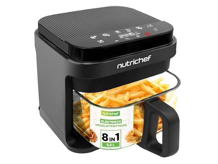 NutriChef Heißluftfritteuse 5,5L Airfryer ohne Öl 1200W Grau – 8 Programme, Sichtfenster, Touchscreen, fettarm, für Familien & knusprige Ergebnisse