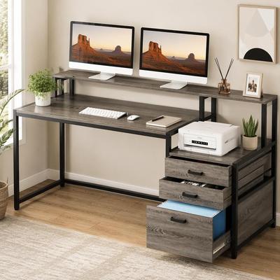 "63"" Computer Desk, Ergonomic Office Desk with Drawers & Monitor Stand"