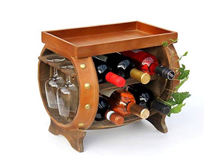 DanDiBo Weinregal Holz Weinfass Braun 33 cm 9064 Bar Flaschenregal Flaschenständer Klein Fass Holzfass mit Glashalter