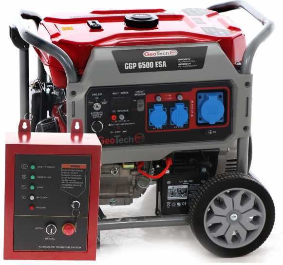 GeoTech Pro GGP 6500 ESA - Benzin-Stromerzeuger mit Rädern und AVR-Regelung und Elektrostarter 5.4 kW - Dauerleistung 5 kW - 230V + ATS