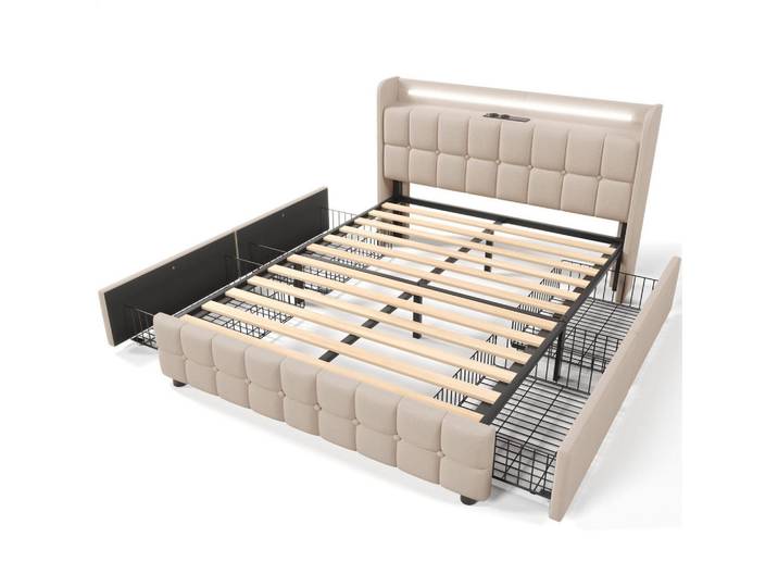 Polsterbett mit USB-Ladefunktion, Kopfteil und LED-Beleuchtung, Beige, 140x200 cm, Schlafzimmer, Betten, Polsterbetten