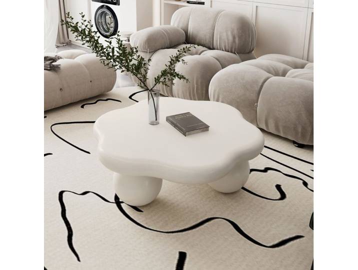Table basse nuage 80 cm blanc crème en MDF pieds sphériques style moderne minimaliste