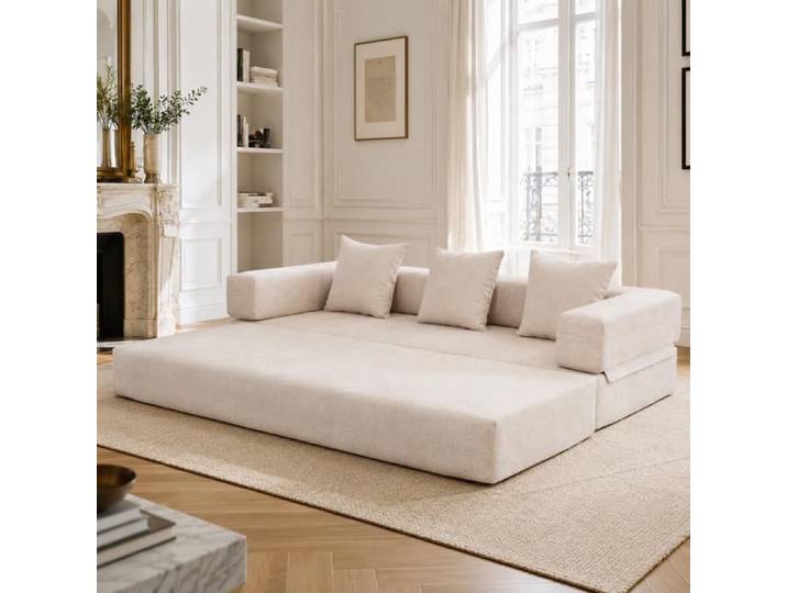 Canapé convertible - SOGEU - Banquette-Lit - 3 places - Tissu chenille beige - Coffre de rangement