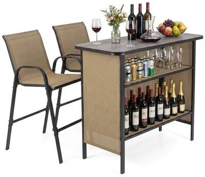 Costway 3 Piece Outdoor Bar Set with Footrest and 2-Tier Shelf-Coffee