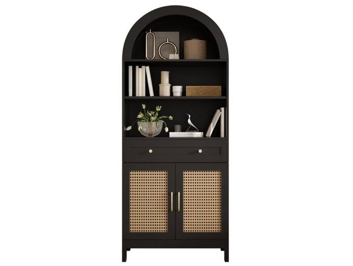 Vitrine buffet haut arqué 70 x 40 x 170 cm en MDF et panneaux de particules noir et naturel 3 niches 2 portes 1 tiroir