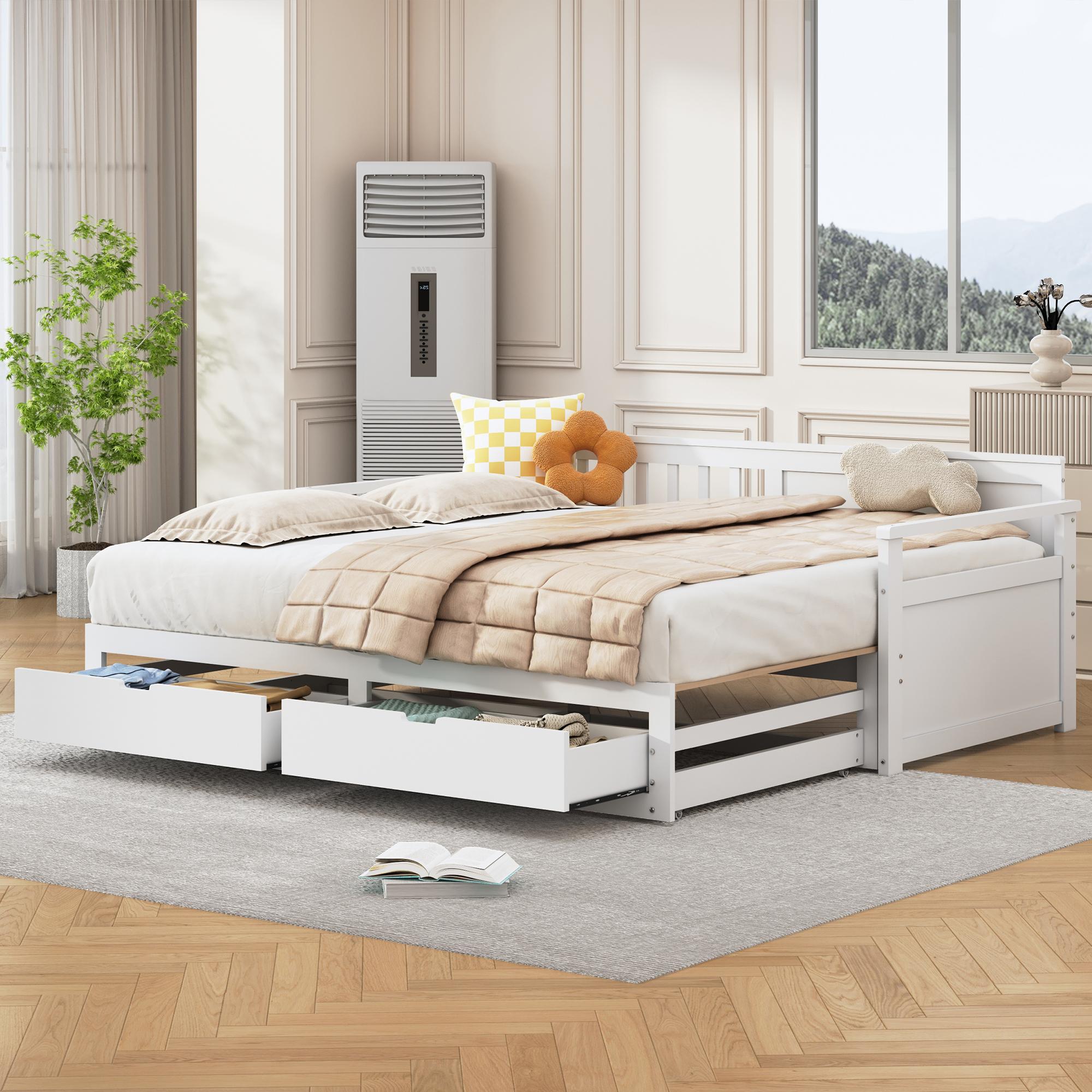 Multifunktionales Zwei-in-Eins-Tagesbett 90 (180) x 190 mit Kiefernbett, Schubladen und Ausziehbett Weiß